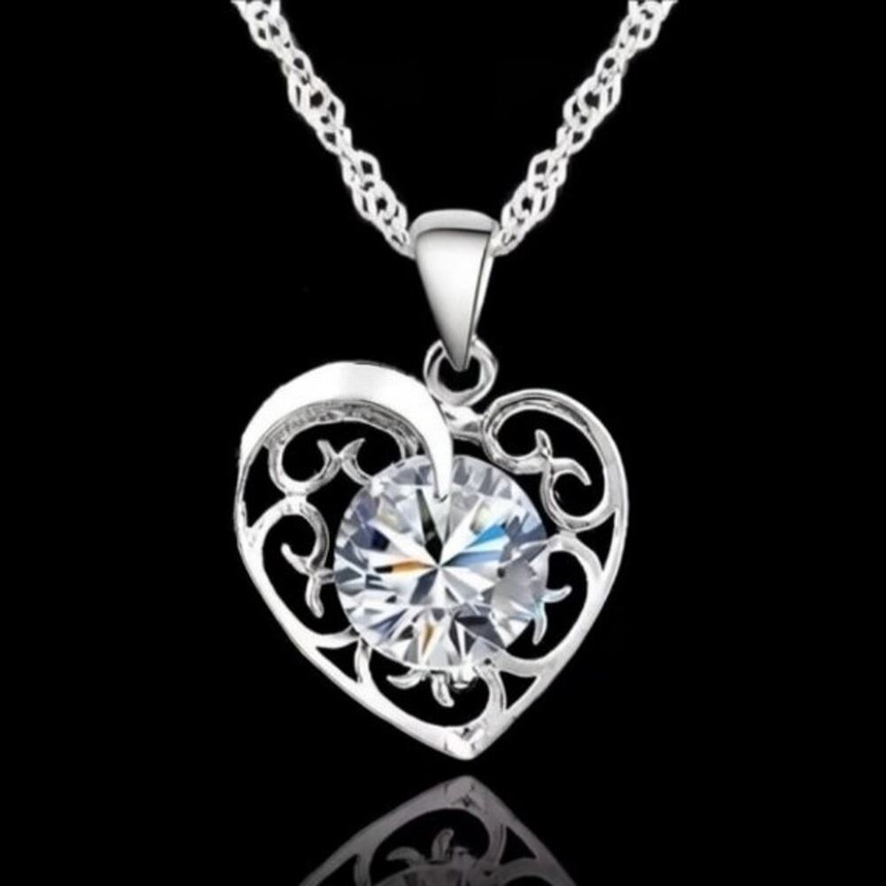925 Silver Vine Heart CZ Diamond Necklace Earrings Set Valentine's Birthday Gift